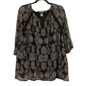 Catherines Womens Size 3X Petite 3XWP Black White Floral Lined 3/4 Sleeves
